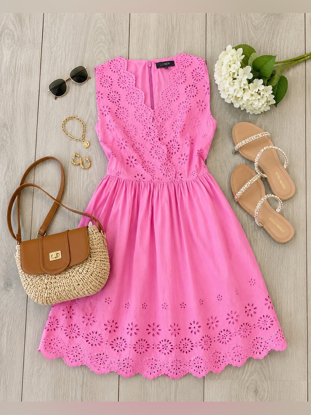 J. CREW FACTORY Pink Eyelet Fit and Flare Mini Dress Size 8 New!